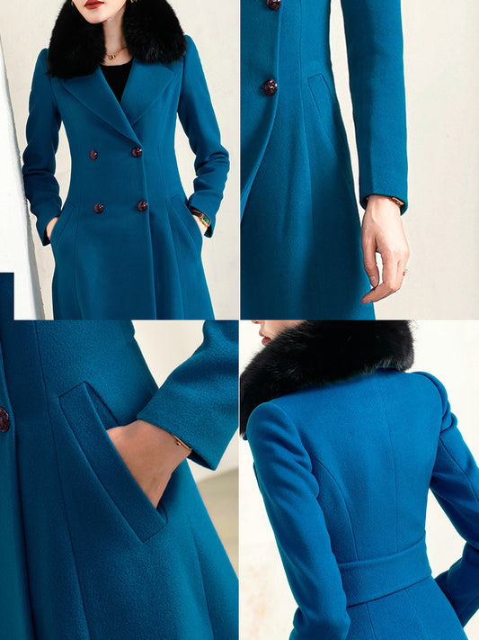 Women's Long Wool Elegant Fur Collar Peacock Blue Double Breasted Fine Wool Coat