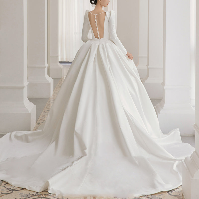 Satin V-neck pearl embellished wedding dress