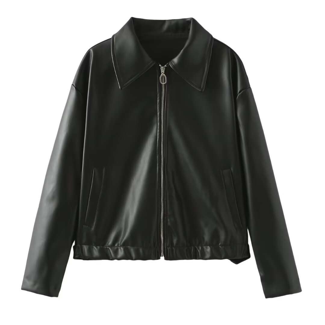 Solid Colour Collar Zip Jacket Women & Long Sleeve Leather Coat Top