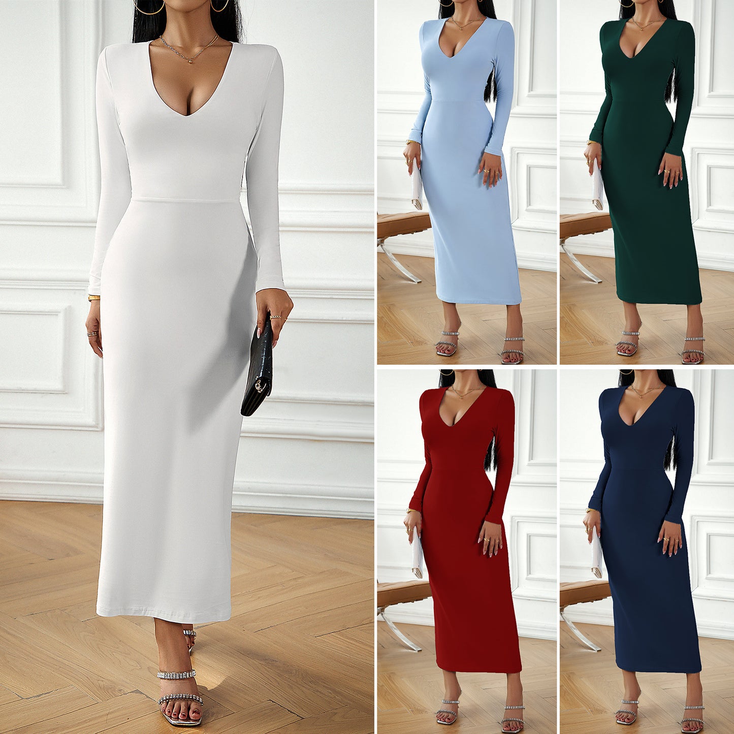 Women Long Dress Elegant Long Sleeve Deep V Neck Bodycon Long Pencil Dresses