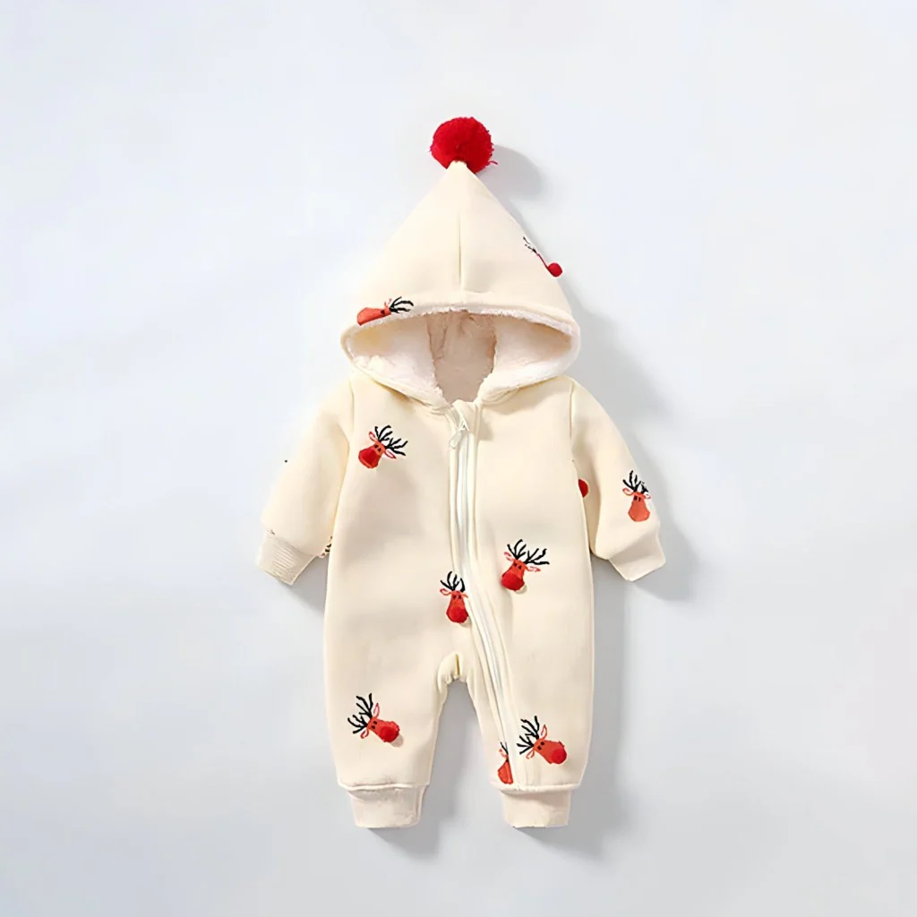 Winter Baby Deer Jumpsuit - Hooded Christmas Outfit for Babies