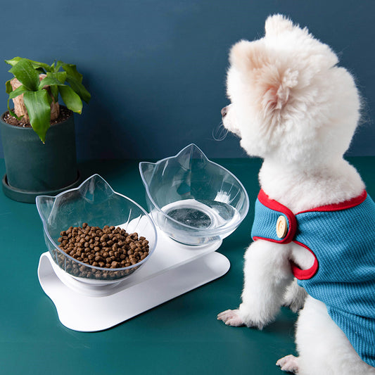 New Inclined Food Cat Bowl - Transparent Single Pet Bowl with Ear Design