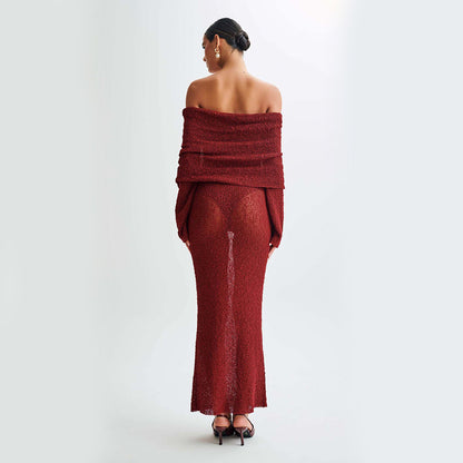 Women's Off Shoulder Glitter Knit Long Dress, Women's Sheer Party Dress