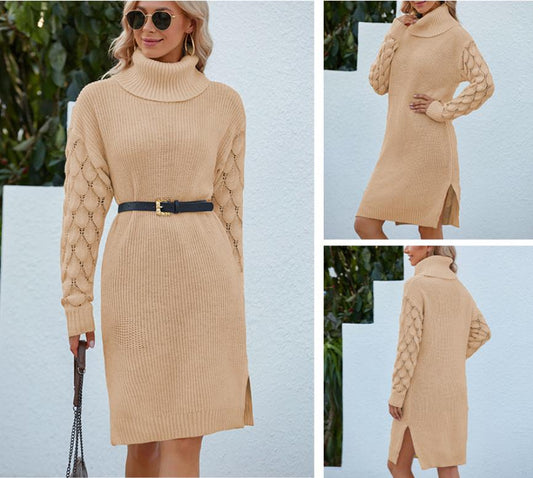 women's knitted solid-colored turtleneck, long sleeves, knee-length sweater dress with medium belt