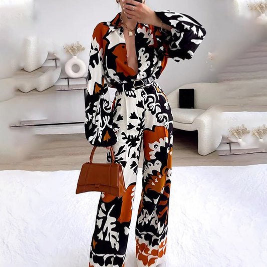 Women's deep V-neck, floral print, long sleeve maxi jumpsuit with center belt