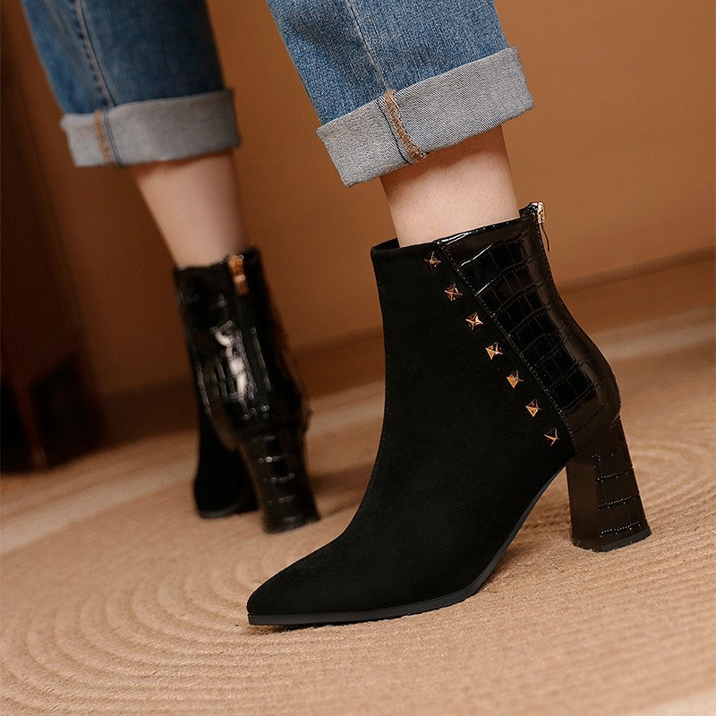 Women's Pointed Toe High Heeled Ankle Boots with Metal Back and Studded Details