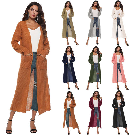 Autumn and Winter Women's Long Sleeve Open Front Solid Color Cardigan