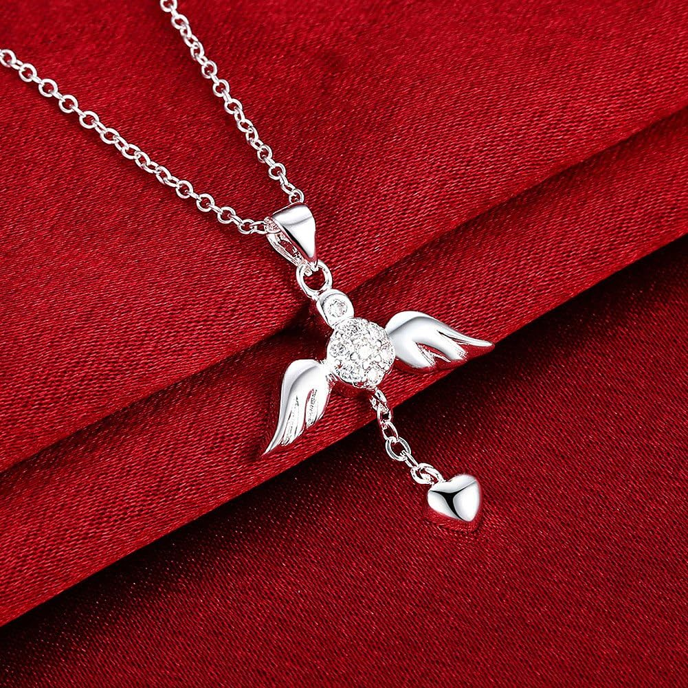 Silver Plated Zircon Angel Wings Heart Necklace