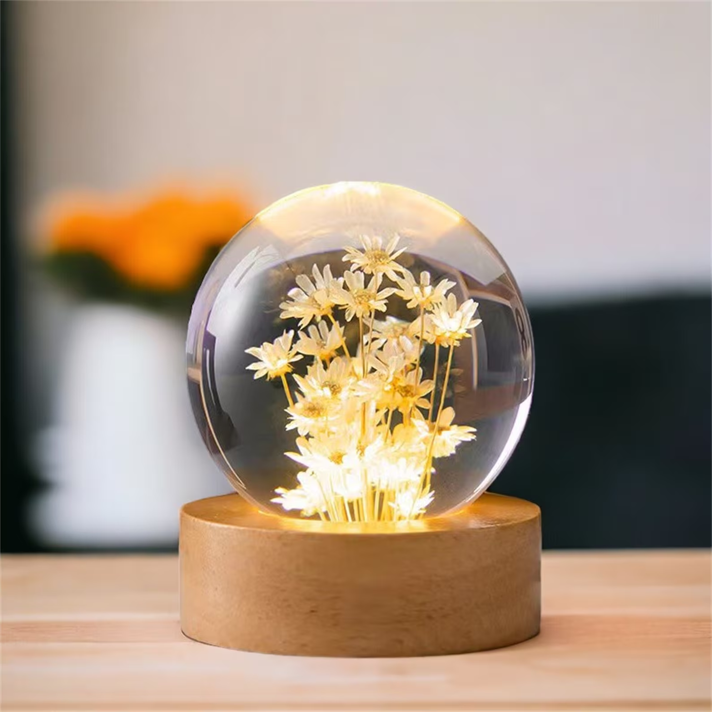 3D Crystal Ball Night Lamp, Wooden Base Dandelion Flower Lamp