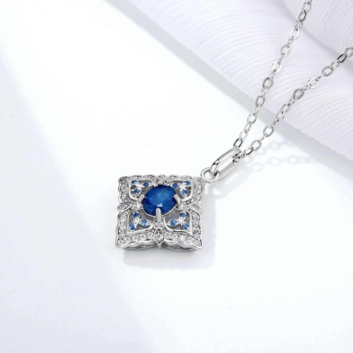 S925 Sterling Silver Natural Sapphire Diamond Necklace