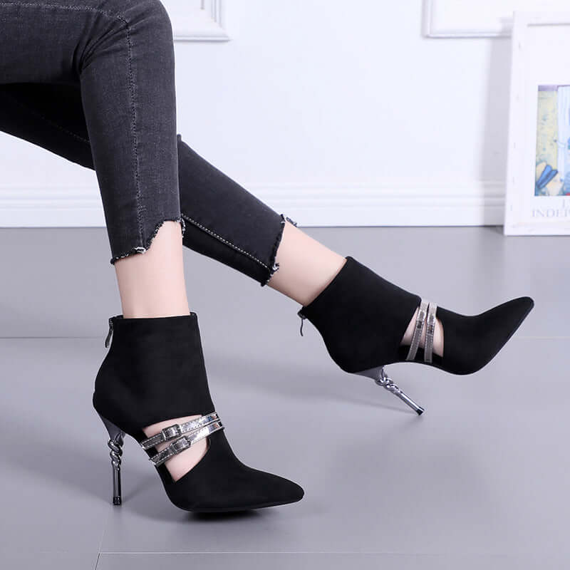 women's pointed toe high-heeled boots with metal details