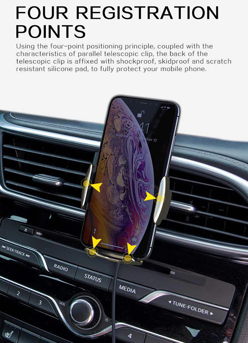 10W Wireless Car Phone Charger - Smart Sensor Holder with Clamping