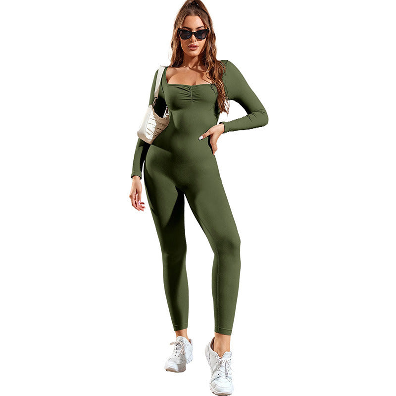 Pure Color Tight Yoga Bodysuit Women's Long-sleeved Sports Cropped Trousers Women