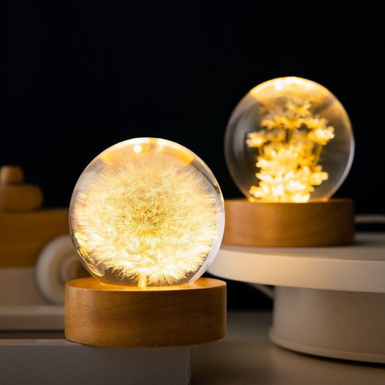 3D Dandelion Flowers Crystal Ball Lamp with Beech Wooden Base & Elegant Night Light