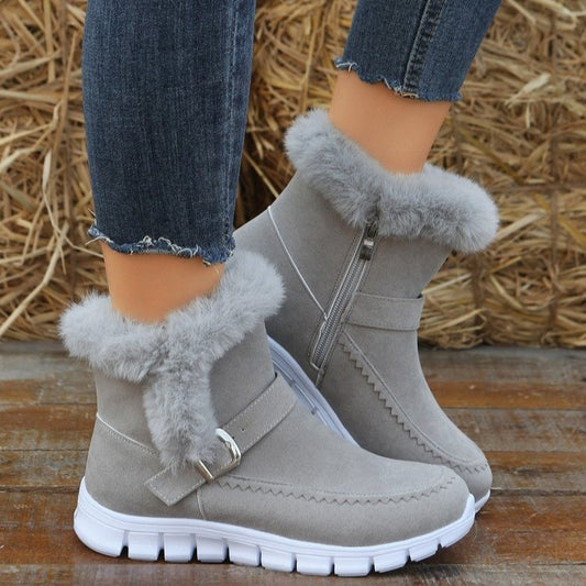 Women's Solid Color Plush Ankle Plus Buckle Design Boots