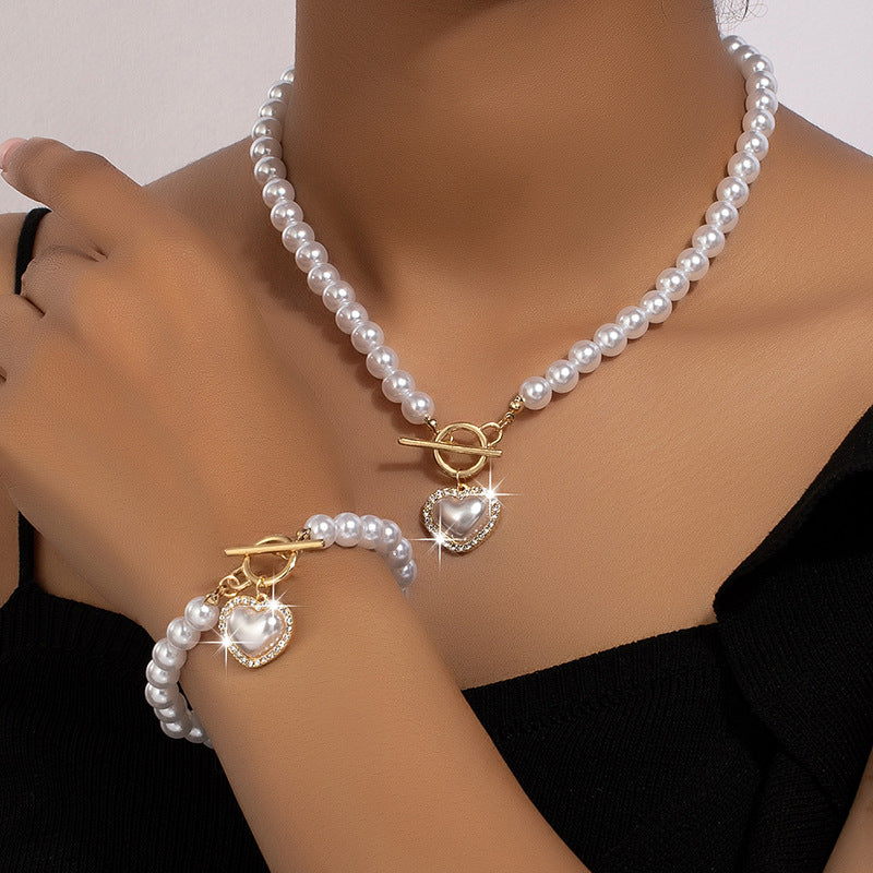 Pearl Heart Necklace and Bracelet Set & Pearl and Heart Set