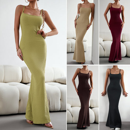 women Fashion square neckline thin straps maxi bodycon dress