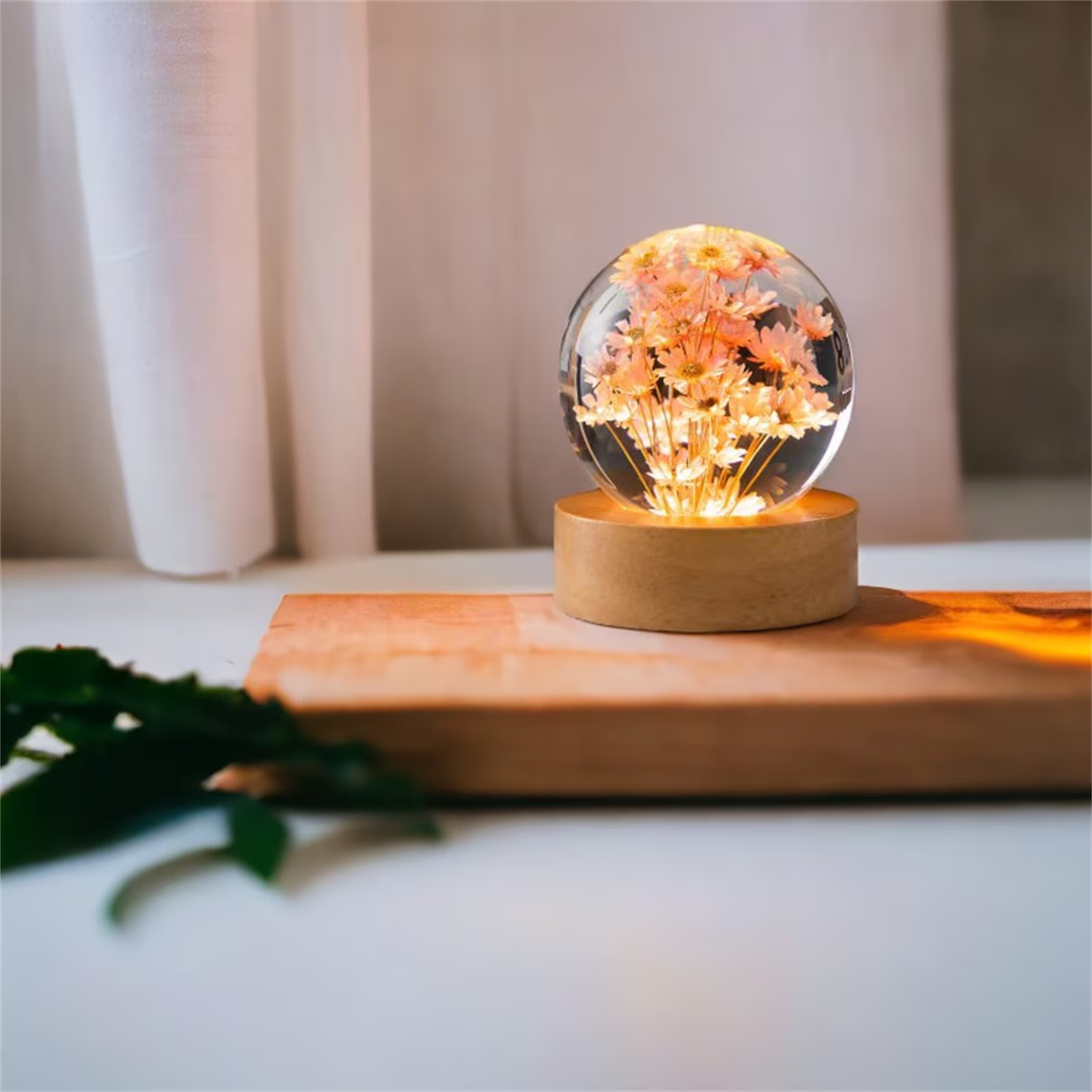 3D Crystal Ball Night Lamp, Wooden Base Dandelion Flower Lamp