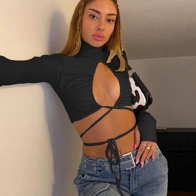 women's long sleeve crop t-shirt with waist tie