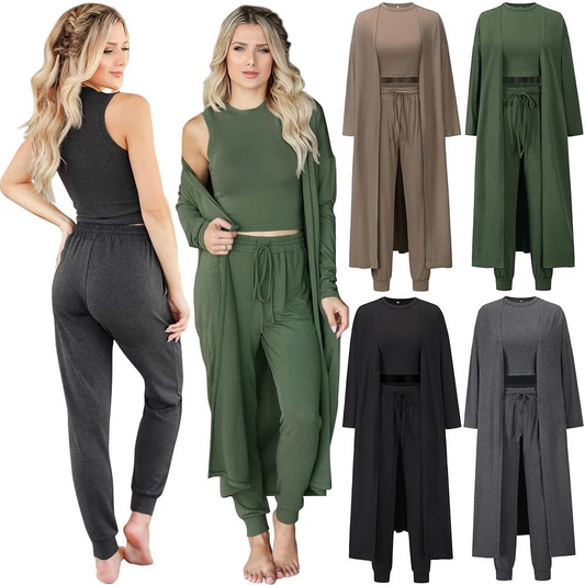 women pajamas 3 piece set sleeveless vest cardigan pants solid color